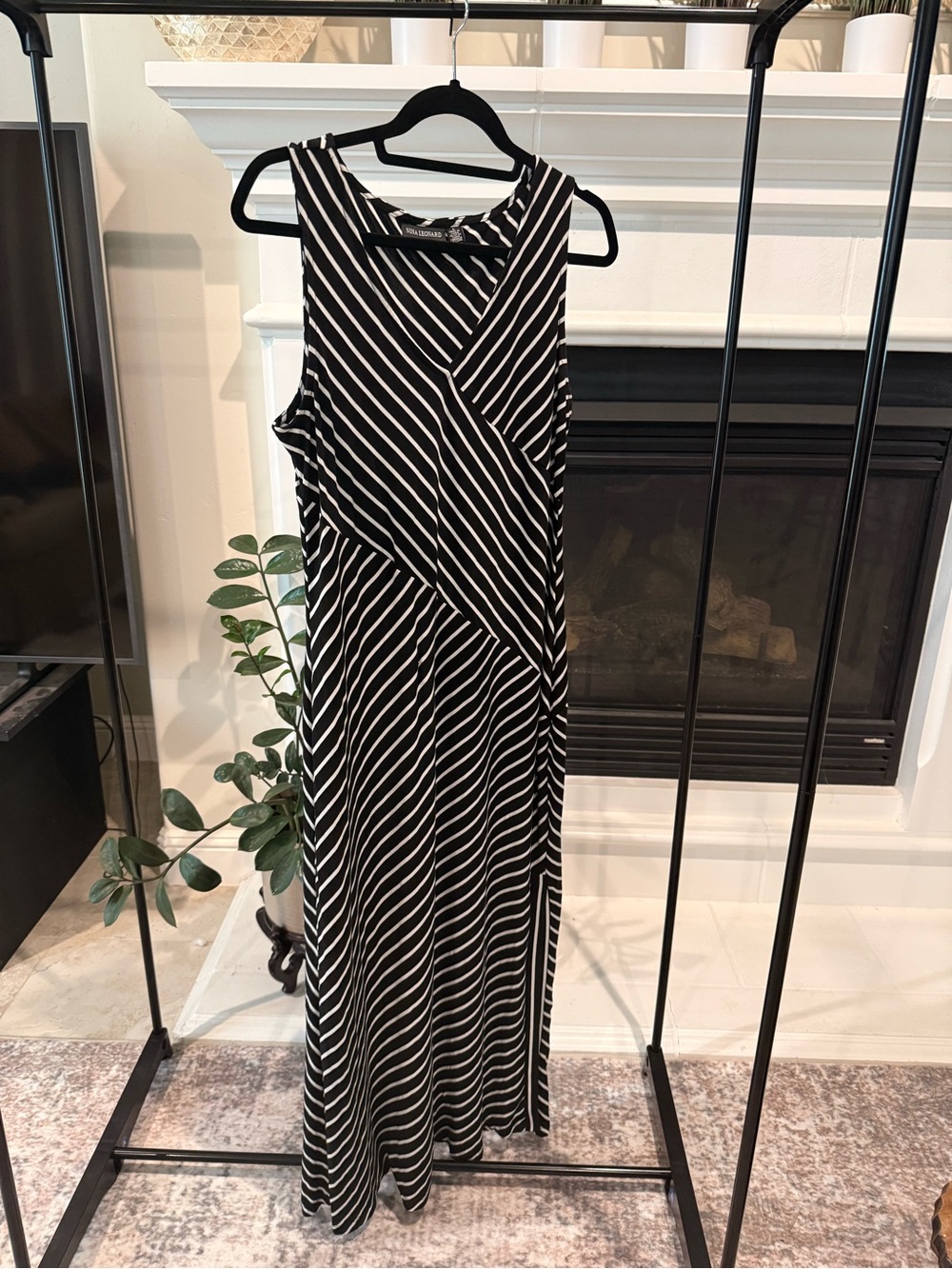 Nina Leonard Black and White Striped Sleeveless Maxi Dress
